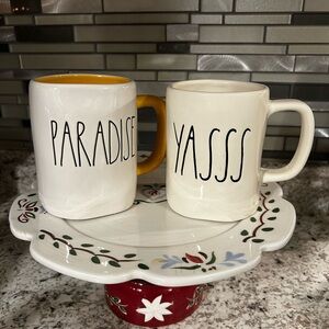 Rae Dunn Paradise & Yasss Mug Set White Cream Yellow Coffee/Tea Drink Pair